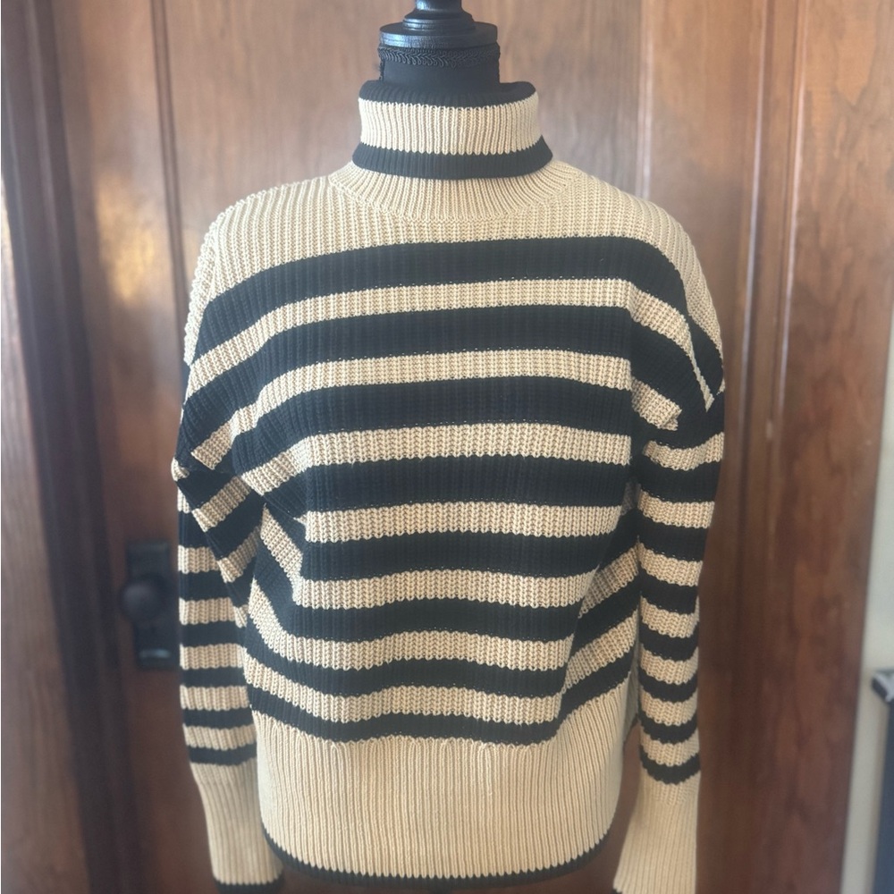 CAbi Black and Tan Cowl Turtleneck Sweater